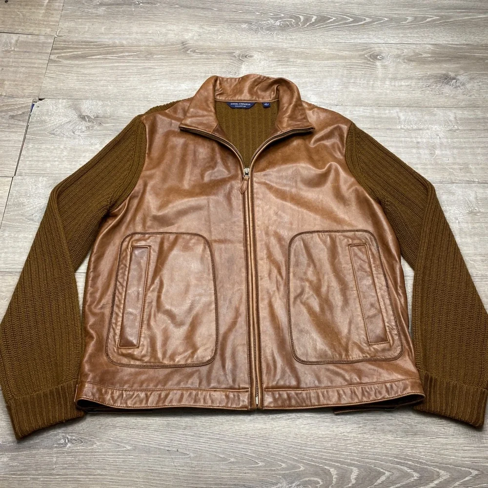 Daniel Cremieux Jacket Mens Large Brown Lambskin Leather Wool Knit Hybrid Bomber